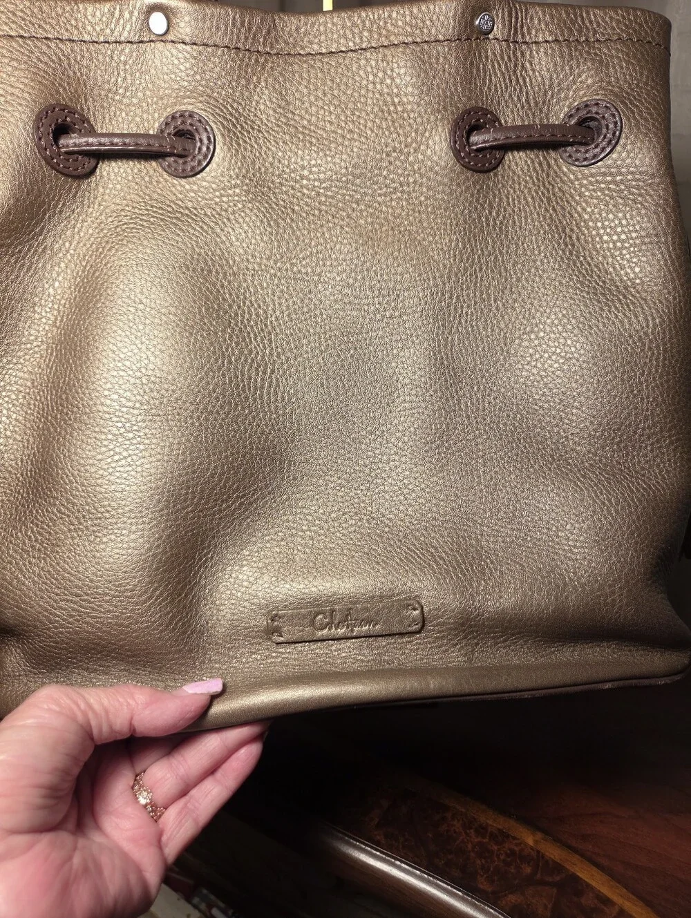 Vintage Cole Haan Bronze Pebbled Leather Drawsting Bucket Bag